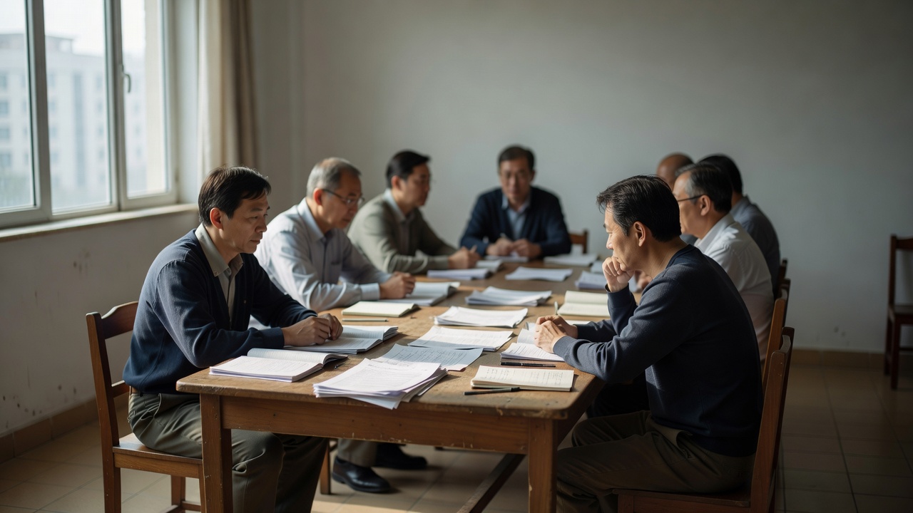 廊坊一间小型研讨室内，参与者围坐长桌阅读文献并做笔记